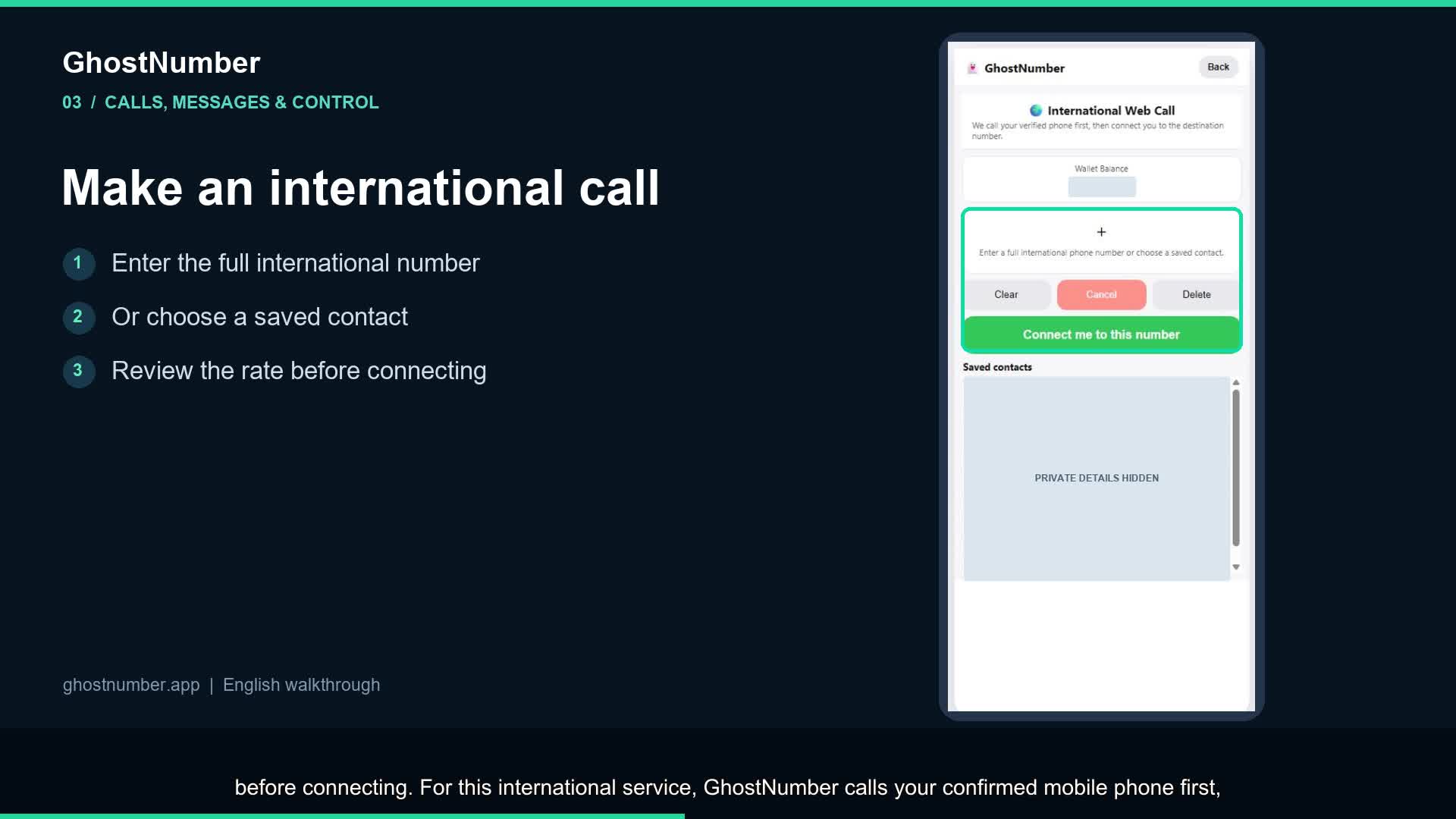 Get US Number tutorial showing the real app with private contact details hidden
